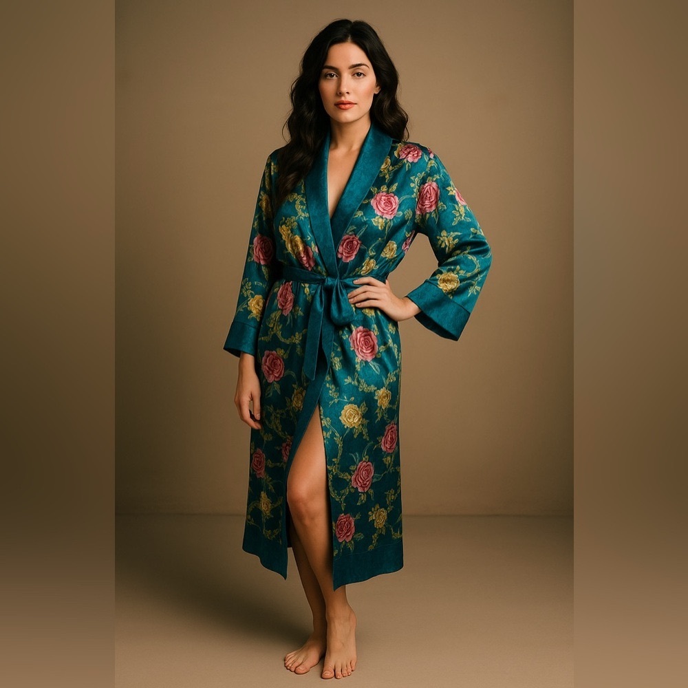 Vintage 1990’s Victoria Secret Teal Satin Paisley Floral Robe M/L Pristine